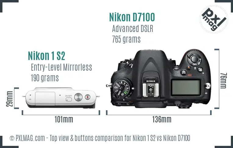 Nikon 1 S2 vs Nikon D7100 top view buttons comparison