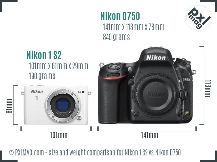 Nikon 1 S2 vs Nikon D750 size comparison