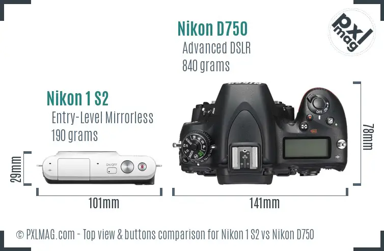 Nikon 1 S2 vs Nikon D750 top view buttons comparison