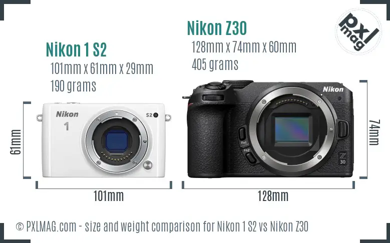 Nikon 1 S2 vs Nikon Z30 size comparison