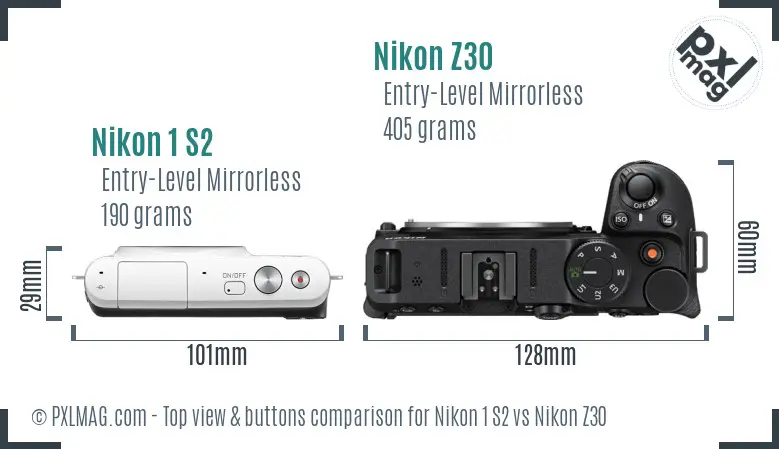 Nikon 1 S2 vs Nikon Z30 top view buttons comparison