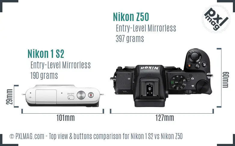 Nikon 1 S2 vs Nikon Z50 top view buttons comparison