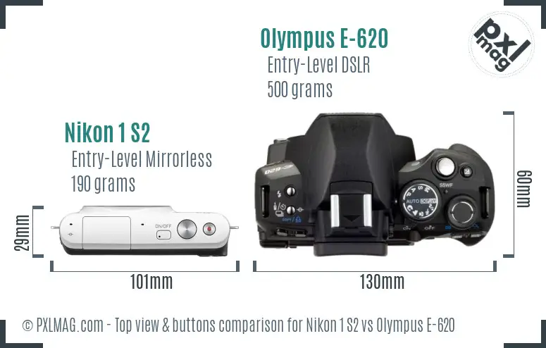 Nikon 1 S2 vs Olympus E-620 top view buttons comparison