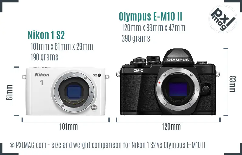 Nikon 1 S2 vs Olympus E-M10 II size comparison Nikon 1 S2 vs Olympus E-M10 II size comparison