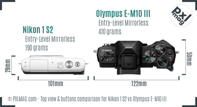 Nikon 1 S2 vs Olympus E-M10 III top view buttons comparison