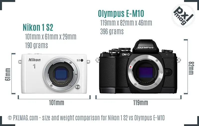 Nikon 1 S2 vs Olympus E-M10 size comparison