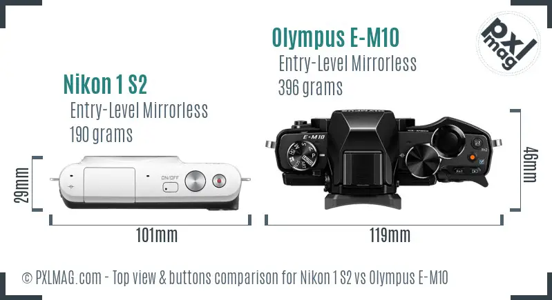 Nikon 1 S2 vs Olympus E-M10 top view buttons comparison