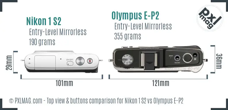 Nikon 1 S2 vs Olympus E-P2 top view buttons comparison Nikon 1 S2 vs Olympus E-P2 top view buttons comparison