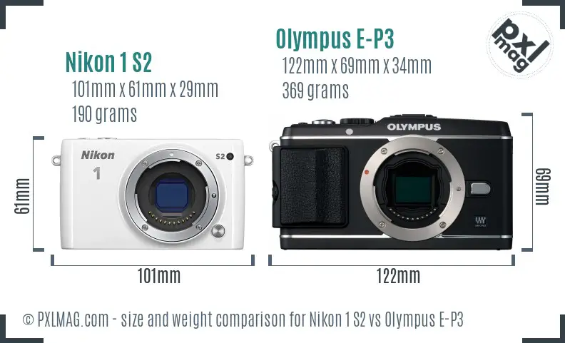 Nikon 1 S2 vs Olympus E-P3 size comparison