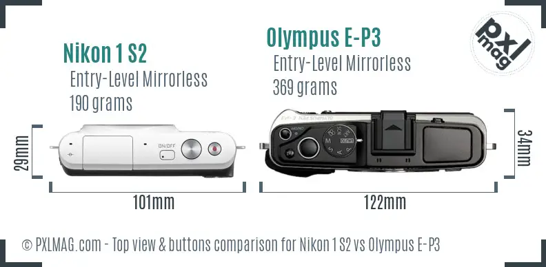 Nikon 1 S2 vs Olympus E-P3 top view buttons comparison