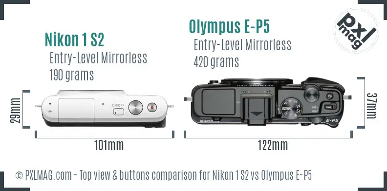 Nikon 1 S2 vs Olympus E-P5 top view buttons comparison