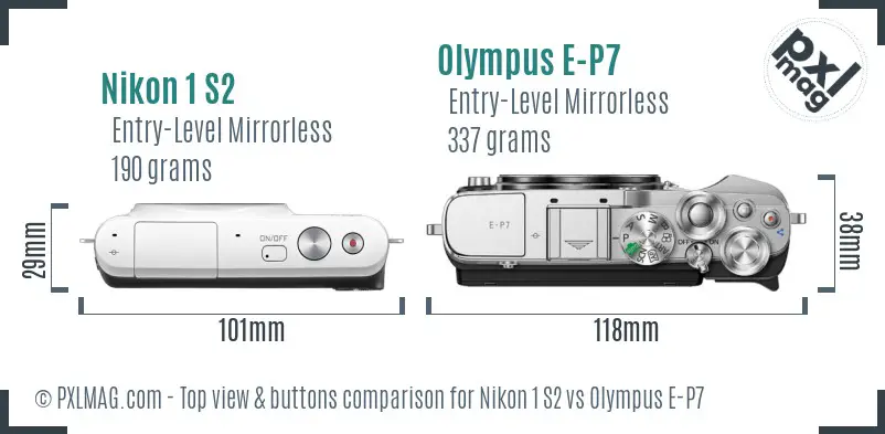Nikon 1 S2 vs Olympus E-P7 top view buttons comparison