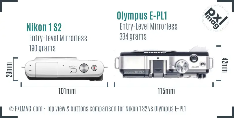 Nikon 1 S2 vs Olympus E-PL1 top view buttons comparison