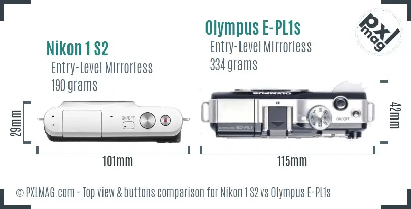 Nikon 1 S2 vs Olympus E-PL1s top view buttons comparison