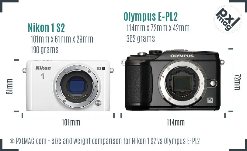 Nikon 1 S2 vs Olympus E-PL2 size comparison