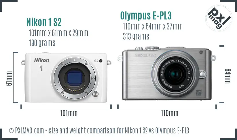 Nikon 1 S2 vs Olympus E-PL3 size comparison