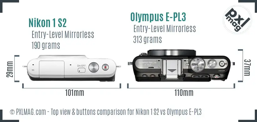 Nikon 1 S2 vs Olympus E-PL3 top view buttons comparison