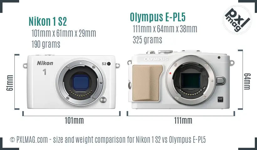 Nikon 1 S2 vs Olympus E-PL5 size comparison