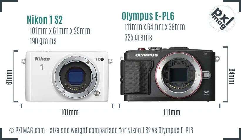 Nikon 1 S2 vs Olympus E-PL6 size comparison