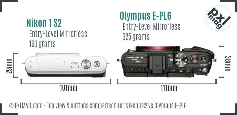 Nikon 1 S2 vs Olympus E-PL6 top view buttons comparison