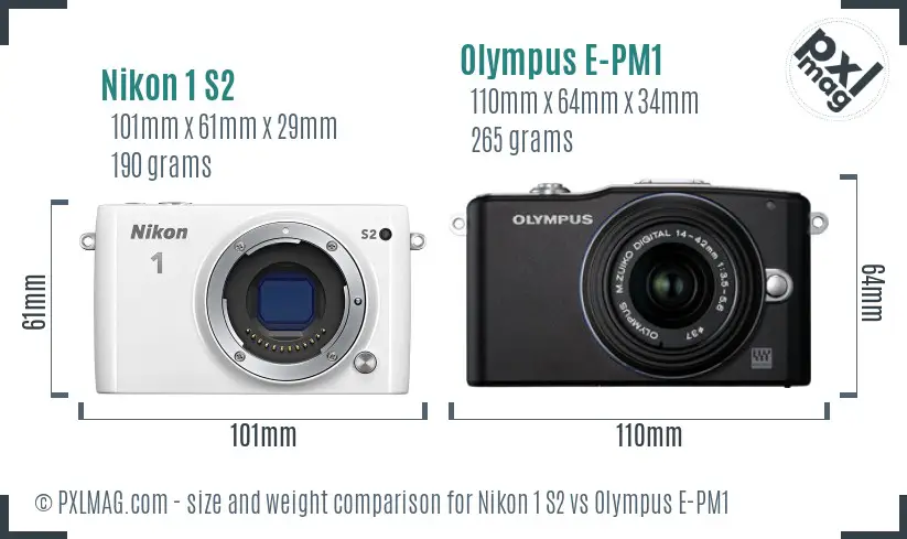 Nikon 1 S2 vs Olympus E-PM1 size comparison