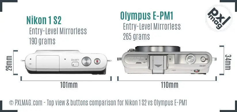 Nikon 1 S2 vs Olympus E-PM1 top view buttons comparison