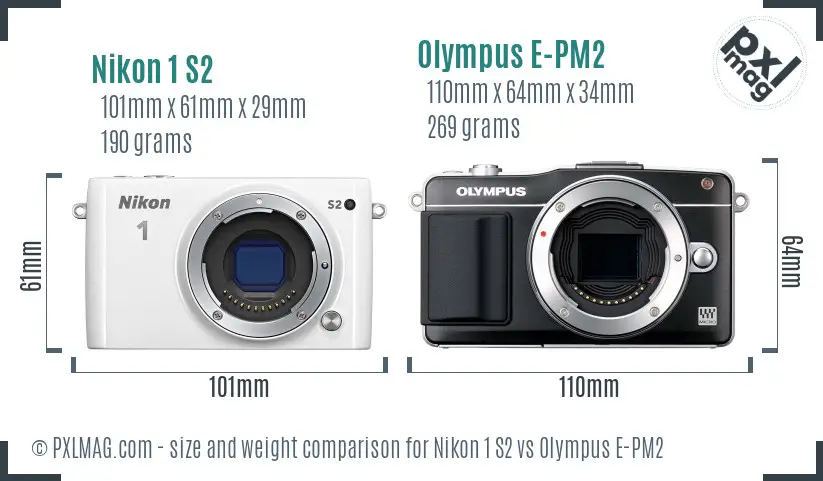 Nikon 1 S2 vs Olympus E-PM2 size comparison