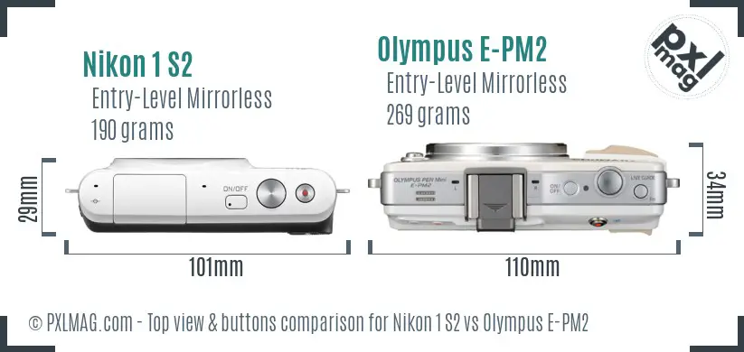 Nikon 1 S2 vs Olympus E-PM2 top view buttons comparison