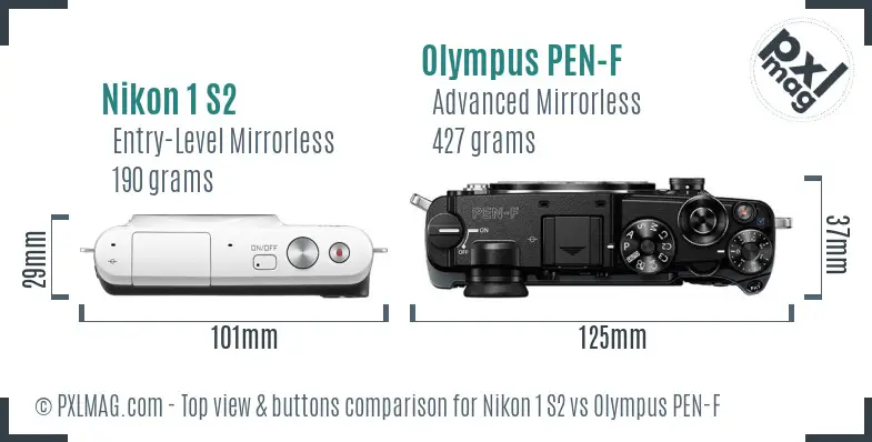 Nikon 1 S2 vs Olympus PEN-F top view buttons comparison