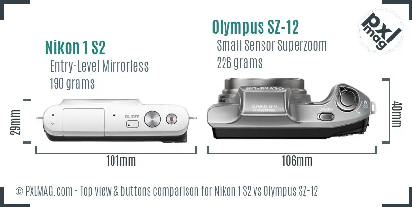 Nikon 1 S2 vs Olympus SZ-12 top view buttons comparison