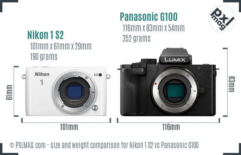 Nikon 1 S2 vs Panasonic G100 size comparison