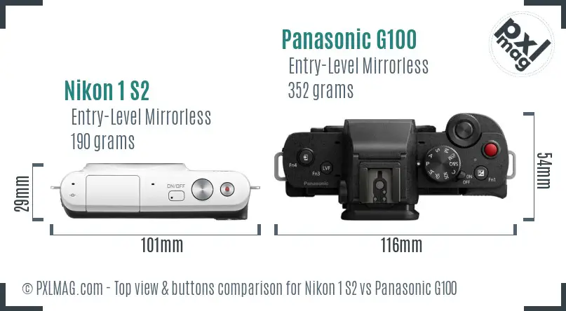 Nikon 1 S2 vs Panasonic G100 top view buttons comparison