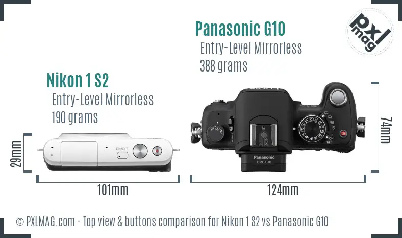 Nikon 1 S2 vs Panasonic G10 top view buttons comparison Nikon 1 S2 vs Panasonic G10 top view buttons comparison