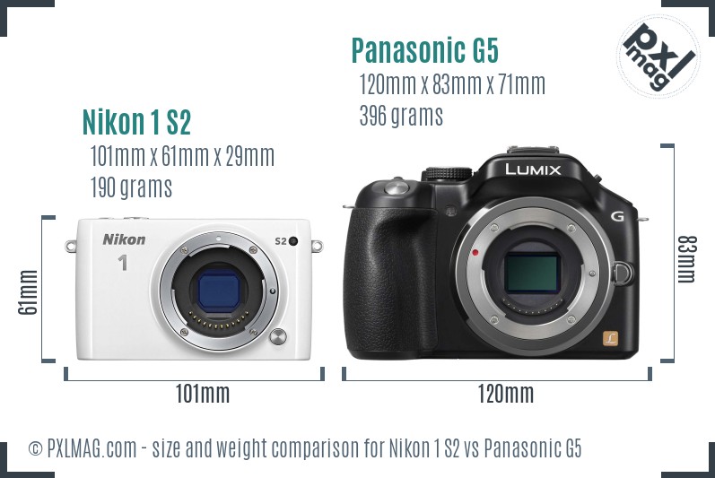 Nikon 1 S2 vs Panasonic G5 size comparison