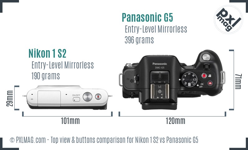 Nikon 1 S2 vs Panasonic G5 top view buttons comparison