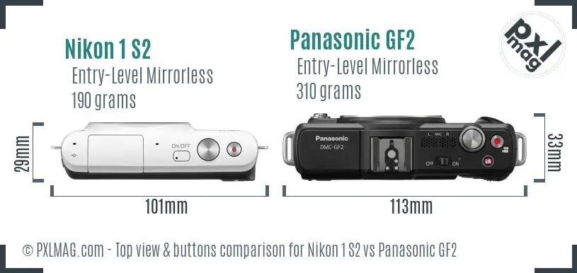 Nikon 1 S2 vs Panasonic GF2 top view buttons comparison