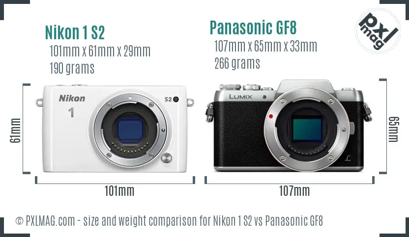 Nikon 1 S2 vs Panasonic GF8 size comparison Nikon 1 S2 vs Panasonic GF8 size comparison
