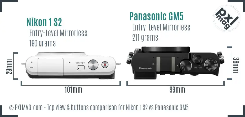 Nikon 1 S2 vs Panasonic GM5 top view buttons comparison