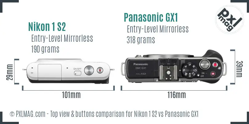 Nikon 1 S2 vs Panasonic GX1 top view buttons comparison