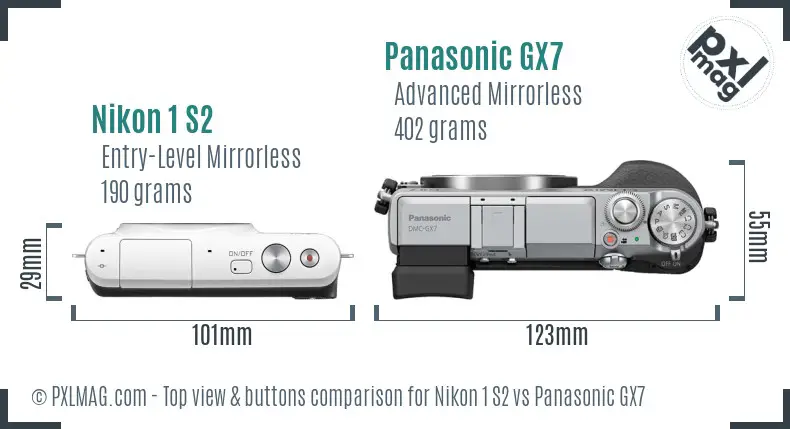 Nikon 1 S2 vs Panasonic GX7 top view buttons comparison