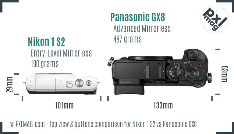 Nikon 1 S2 vs Panasonic GX8 top view buttons comparison