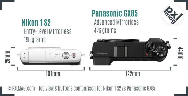 Nikon 1 S2 vs Panasonic GX85 top view buttons comparison