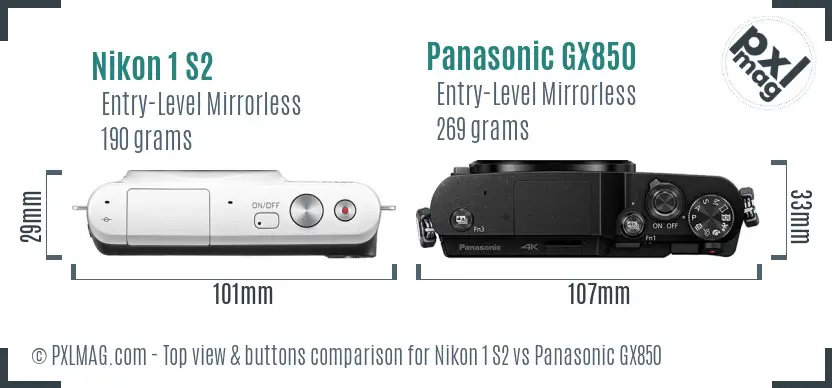Nikon 1 S2 vs Panasonic GX850 top view buttons comparison