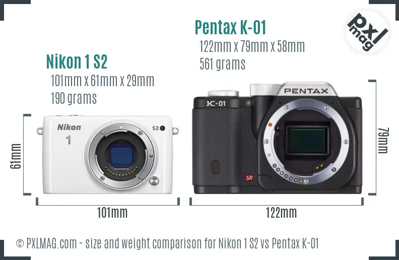 Nikon 1 S2 vs Pentax K-01 size comparison