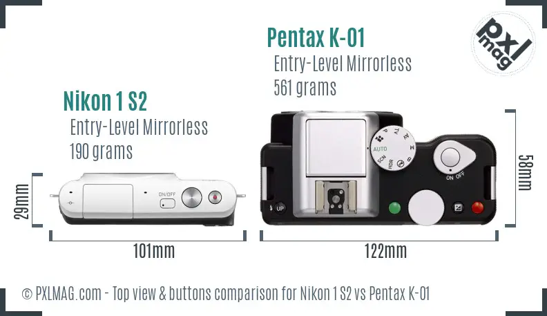 Nikon 1 S2 vs Pentax K-01 top view buttons comparison