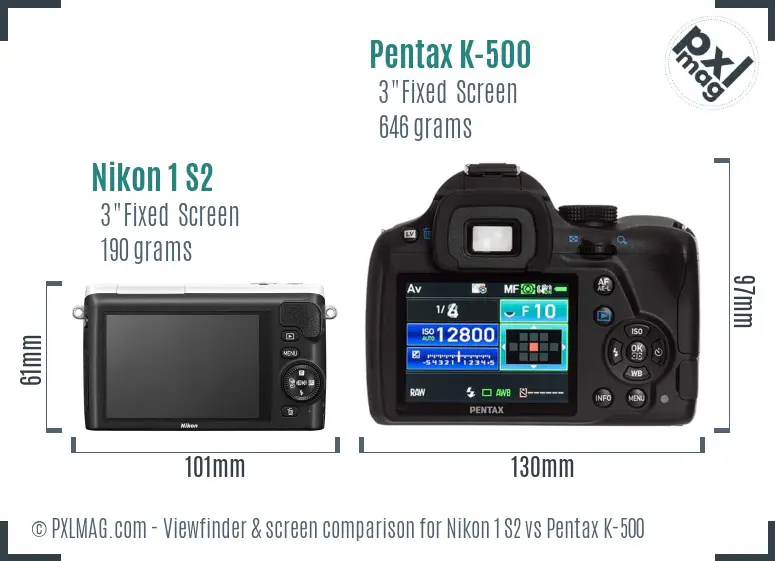 Nikon 1 S2 vs Pentax K-500 Screen and Viewfinder comparison