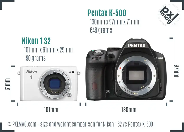 Nikon 1 S2 vs Pentax K-500 size comparison