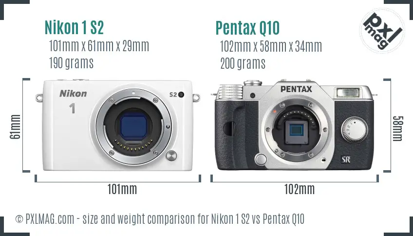 Nikon 1 S2 vs Pentax Q10 size comparison