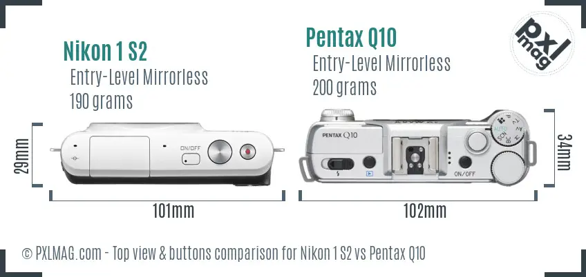 Nikon 1 S2 vs Pentax Q10 top view buttons comparison