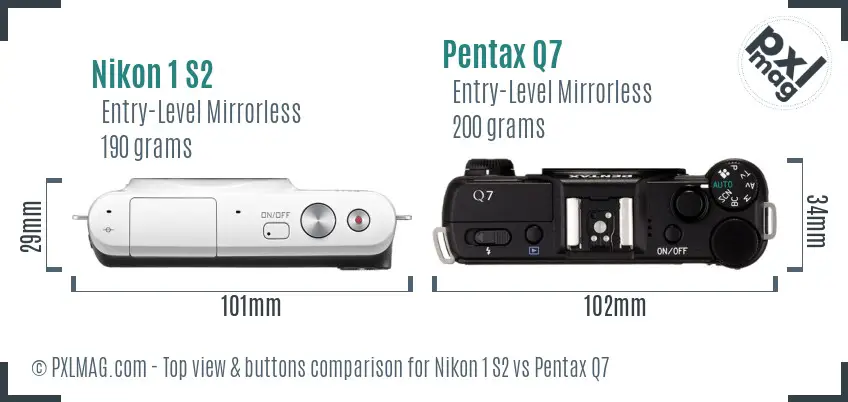 Nikon 1 S2 vs Pentax Q7 top view buttons comparison